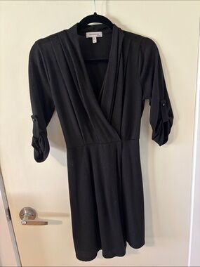 Monteau Black Faux-Wrap Long Sleeve Dress Medium Indie
